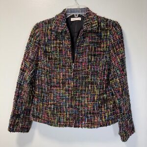 Coldwater Creek Womens Multicolor Tweed Zip Front Wool Blend Blazer Jacket